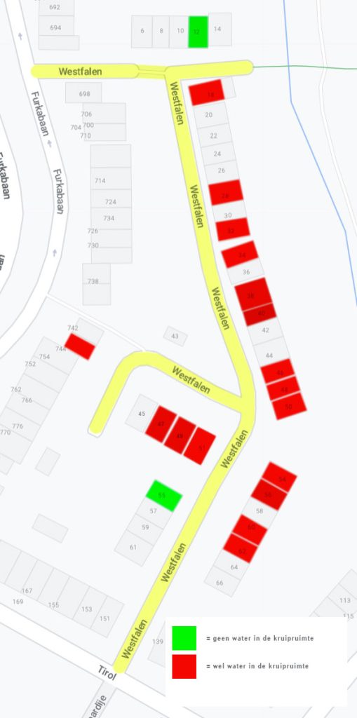 Situatie maart 2023. Huizen met overlast grondwater (rood). Huizen zonder overlast grondwater (groen)